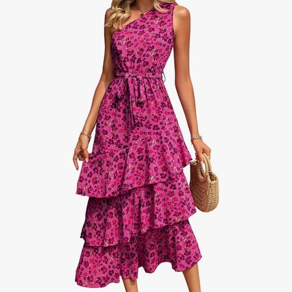Pretty Garden Maxi Sundress, One shoulder, tiered ruffle, M Fuchsia Pink, NWOT - Picture 1 of 12